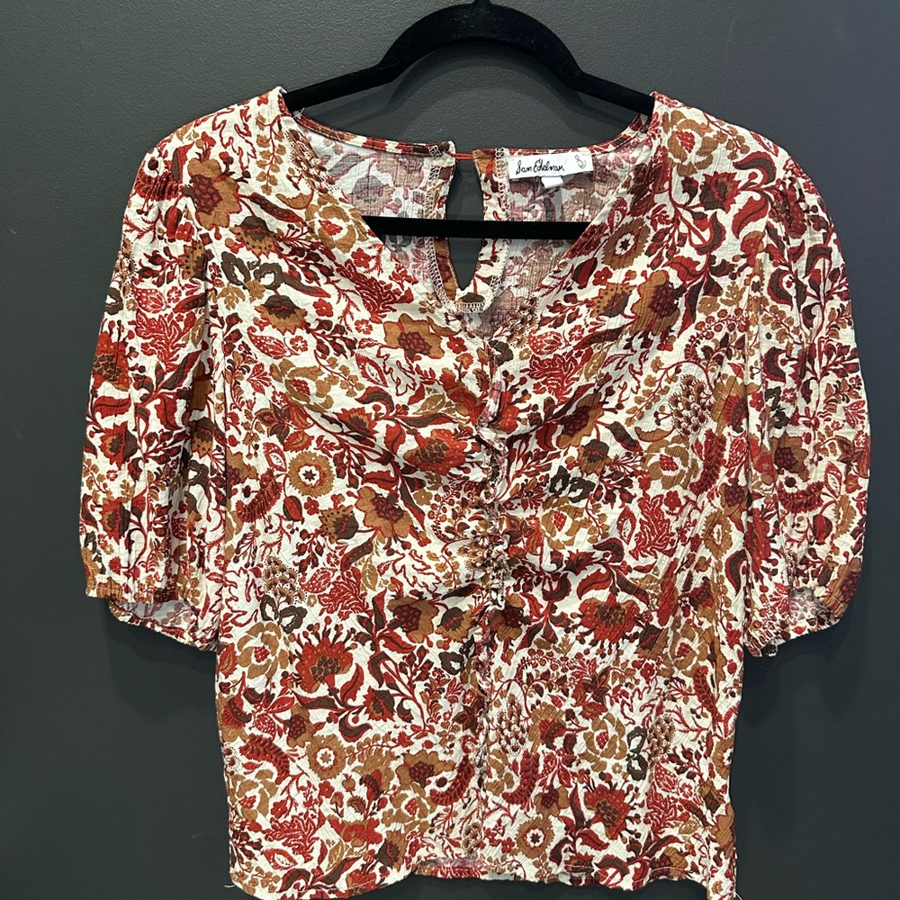 Sam Edelman | Cream and Red Puff Sleeve Blouse | Medium